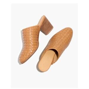 Madewell The Harper Mule Leather Tan Woven Stacked Heeled Shoes Size 7 Office